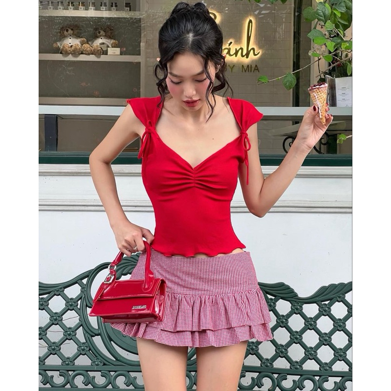 22gram.official (Cherie Top + Red Check Skirt)