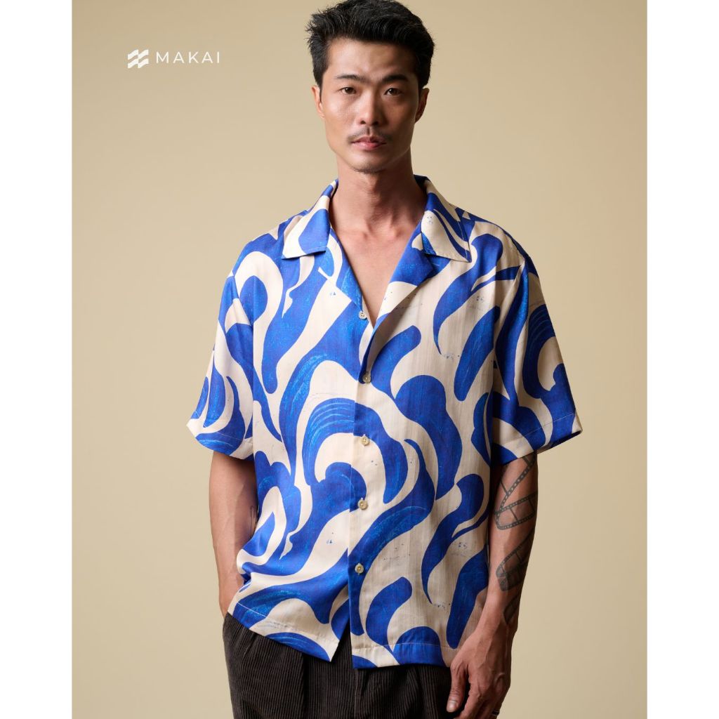 MAKAI เสื้อเชิ้ต เสื้อฮาวาย ผ้าไลโอเซลล์ ลาย AZUR Hawaiian Shirt