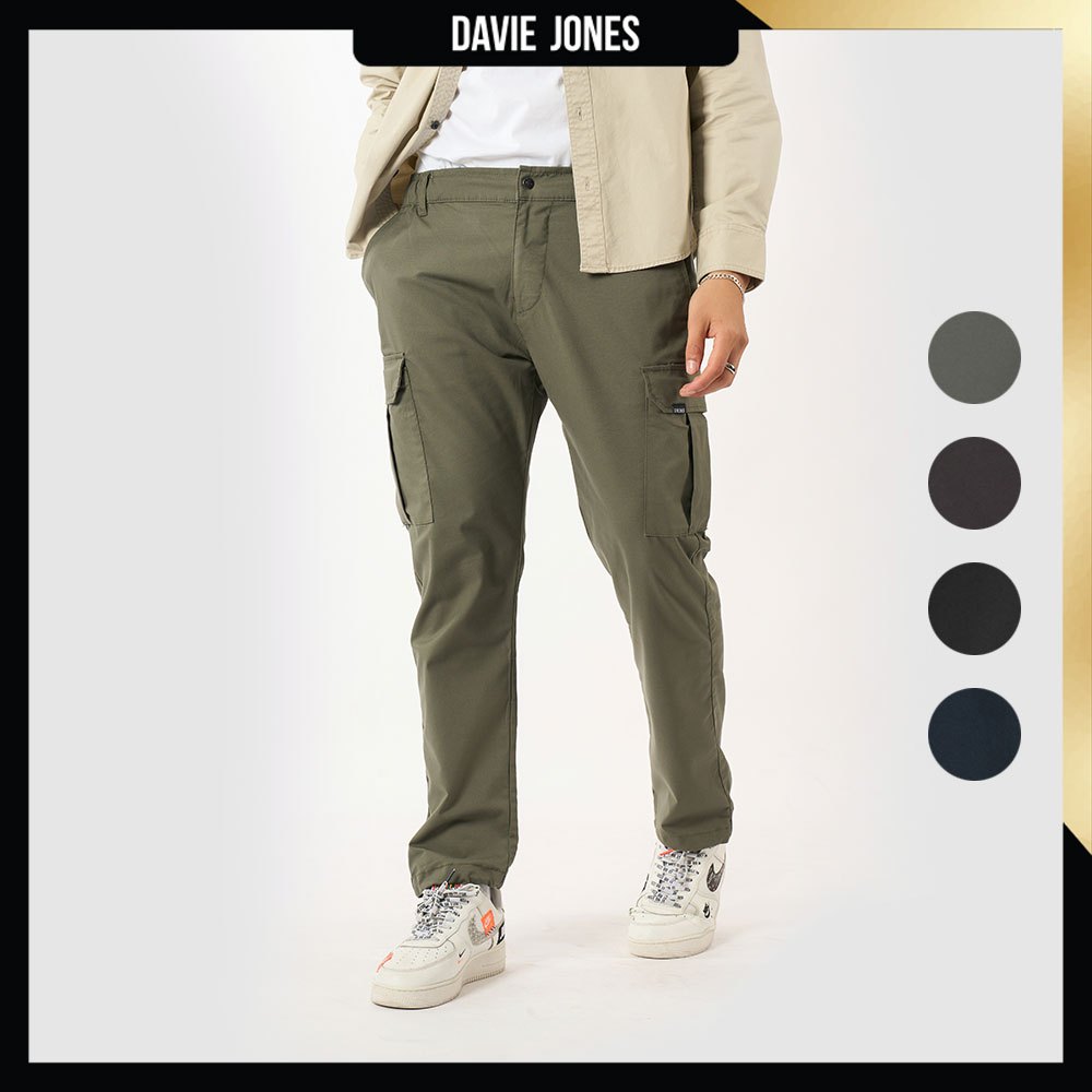 DAVIE JONES กางเกงจ็อกเกอร์ คาร์โก้ เอวยางยืด Elastic Waist Cargo Joggers PL0020 สีเขียว น้ำตาล ดำ กรม