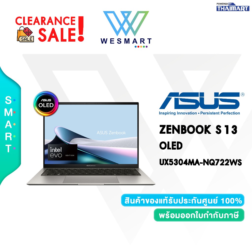 (Clearance0%) ASUS NOTEBOOK ZENBOOK S 13 OLED UX5304MA-NQ722WS : ตัวโชว์Demo/3Year Onsite+1Year Perf