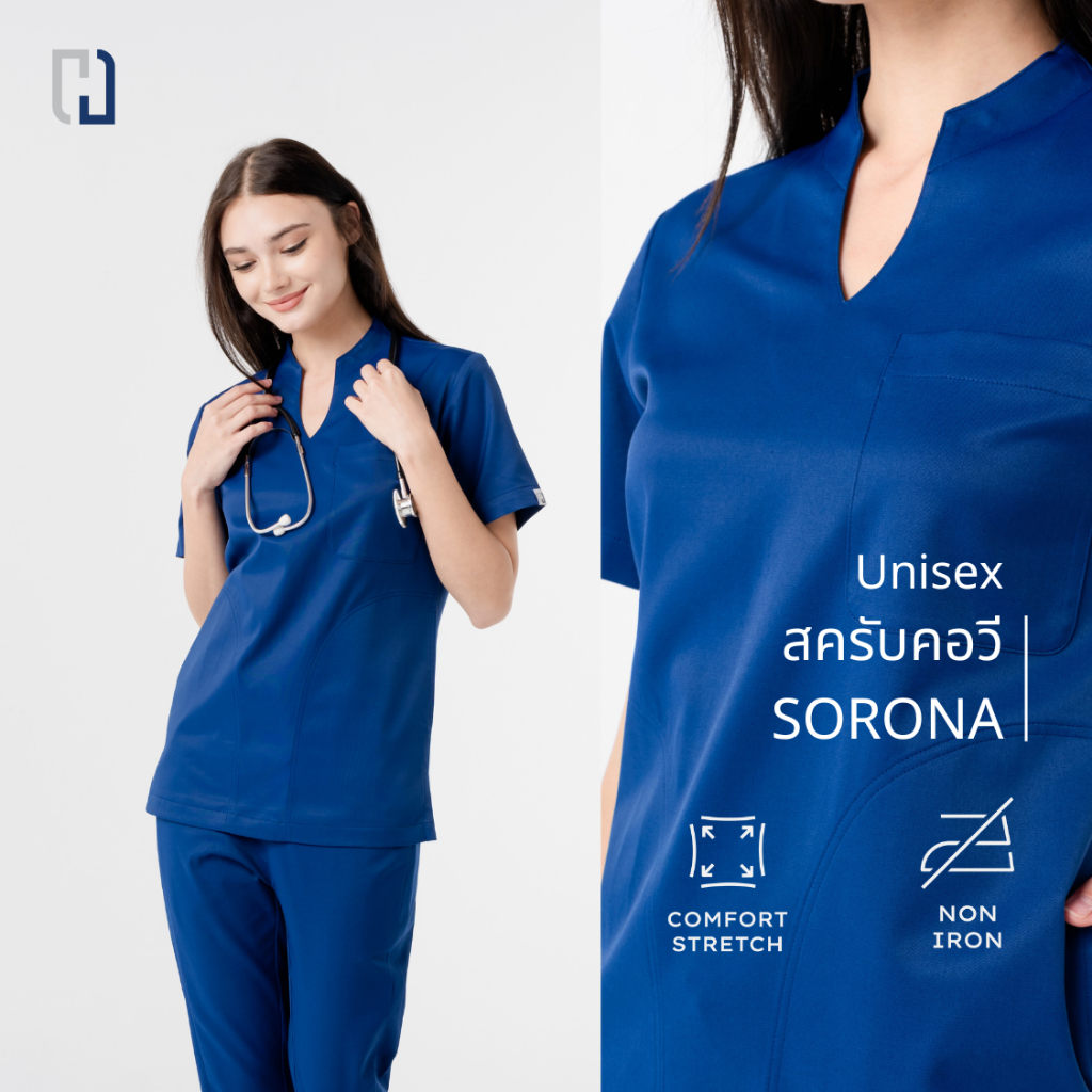 ชุดสครับSORONA ไม่ต้องรีด คอวี สีกรม ชุดสครับสำหรับเเพทย์ Unisex