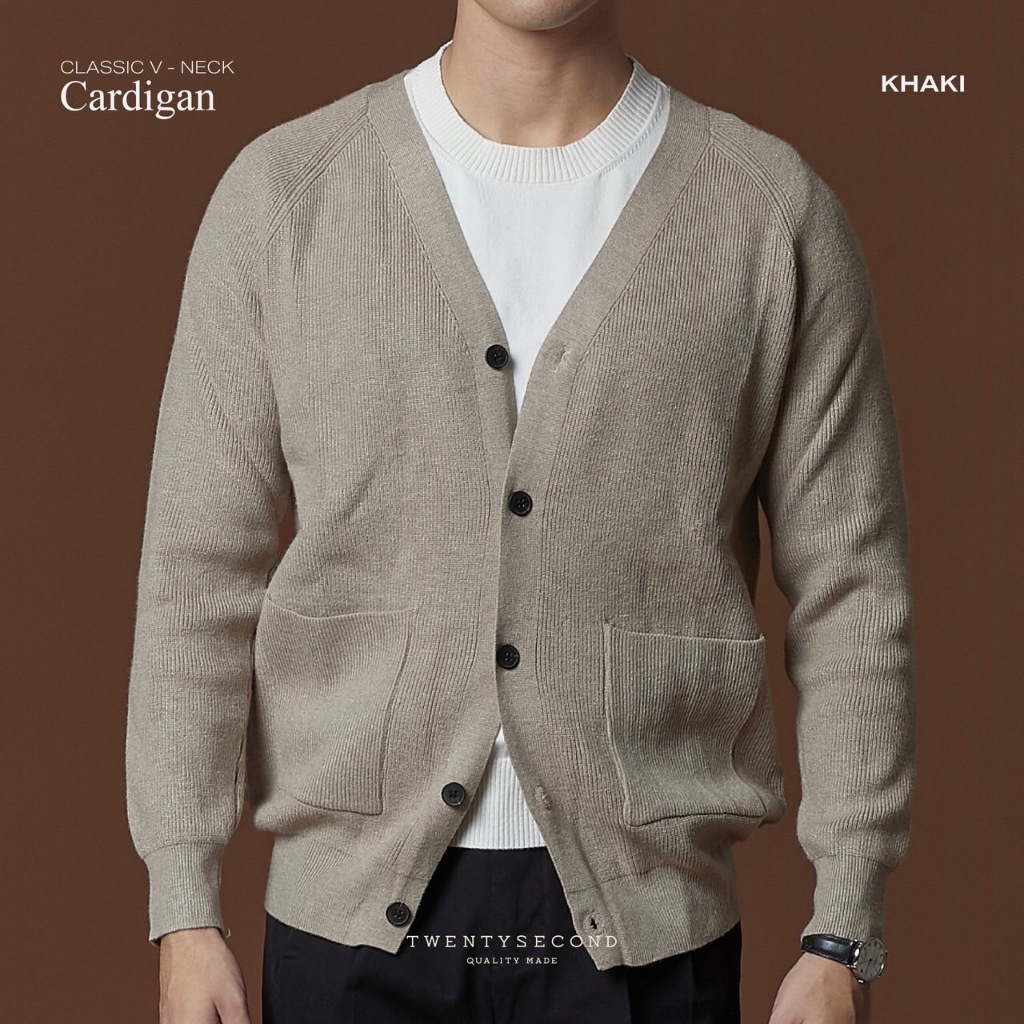 TWENTYSECOND เสื้อคาร์ดิแกนผ้าไหมพรม Knitwear รุ่น Classic V-Neck Cardigan - กากี / Khaki