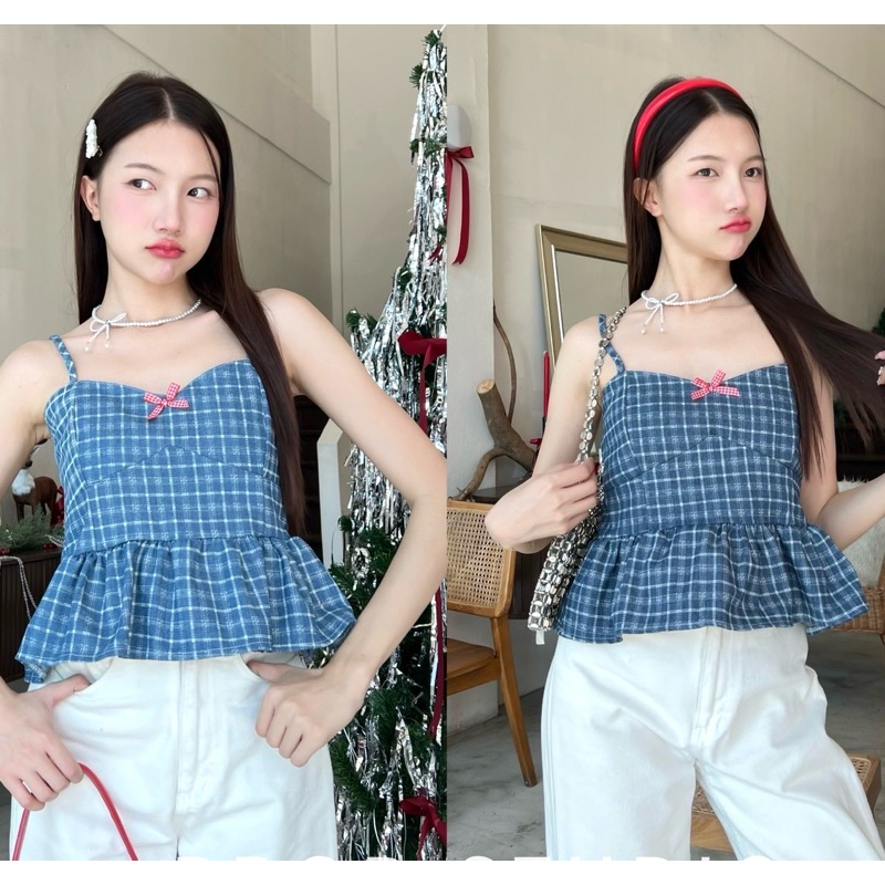 สายเดี่ยวผ้ายีนลายสก็อตสม็อคหลังยืด