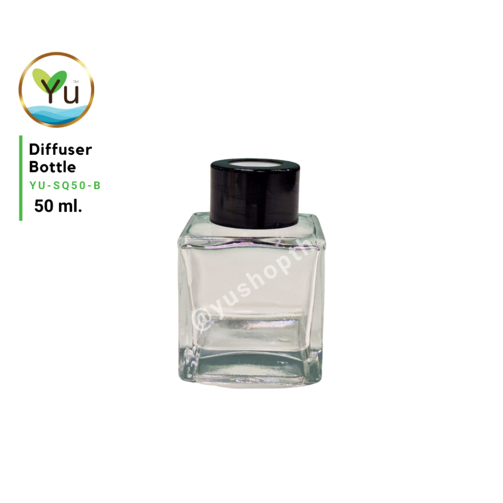 ขวดเปล่า ขวดไม้หอม ทรงสี่เหลี่ยม ความจุ 50 ml. (ฝาสีดำ)