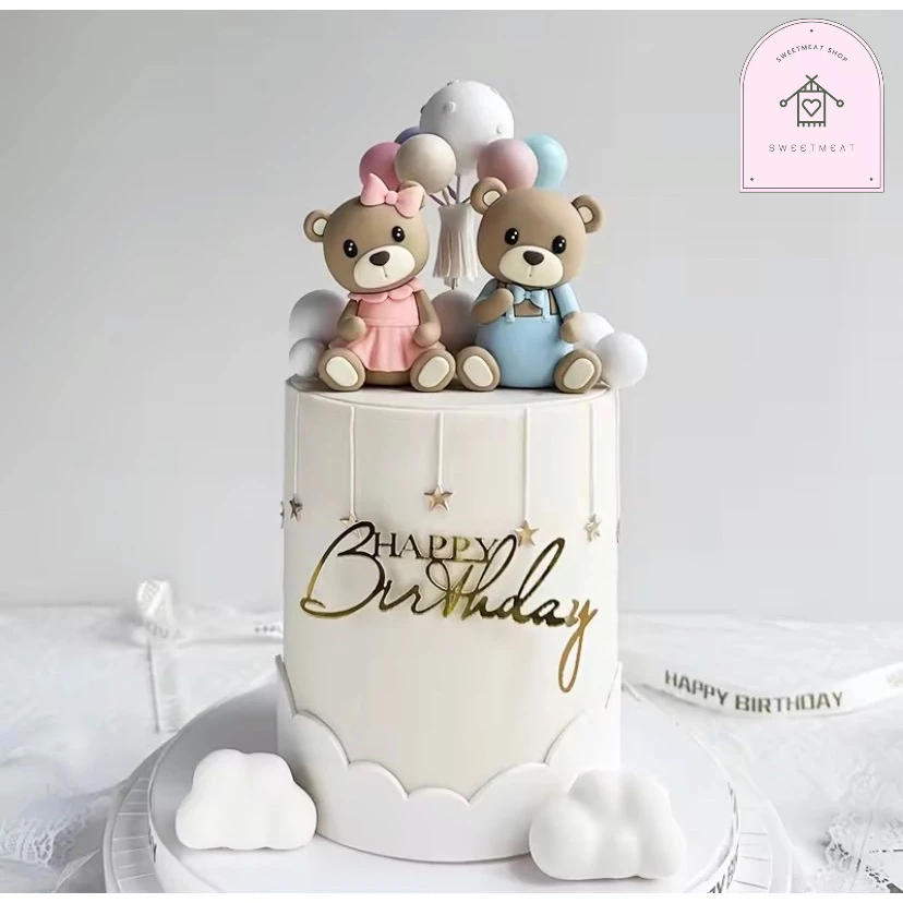 ของตกแต่งเค้ก ตุ๊กตาลูกหมีหัวเอียง สีฟ้า/ชมพู ของตั้งโชว์ลูกโป่งสำหรับวันเกิด แต่งเค้ก 089 112 307 308 2402 2403