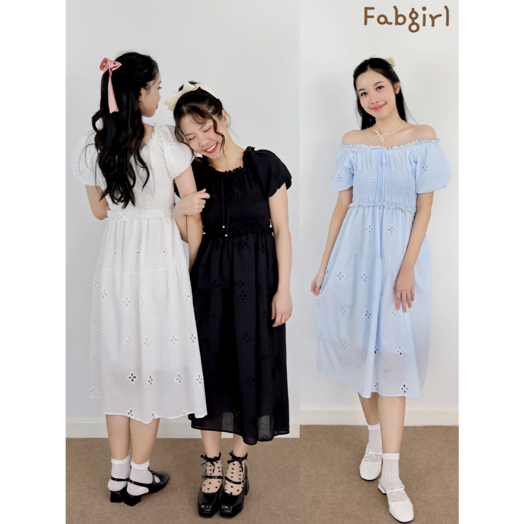 FABGIRL : FW24-027 Day dream dress ชุดเดรส คอตต้อน ปักฉลุลายดอกไม้ (ขาว ฟ้า ดำ)