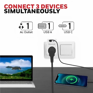 Honeywell ปลั๊กป้องกันไฟกระชาก แบบ 1 ช่อง พร้อม USB-C 1 ช่อง และ USB-A 1 ช่อง