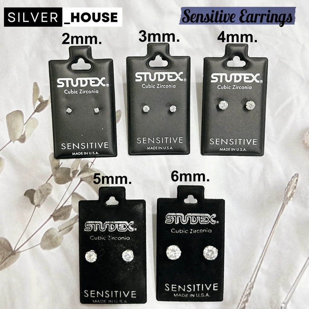 STUDEX ต่างหูสำหรับคนแพ้ง่ายนำเข้าจาก U.S.A. cubic zirconia 2mm./3mm./4mm./5mm. มีก้านสีทองและก้านสีเงิน(ก้านปกติ)
