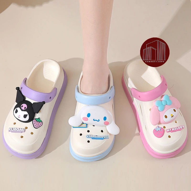 รองเท้าแตะแฟชั่น รองเท้าหัวโต รัดส้น พื้นนิ่ม สีพาสเทล แถมตัวติดลายการ์ตูน