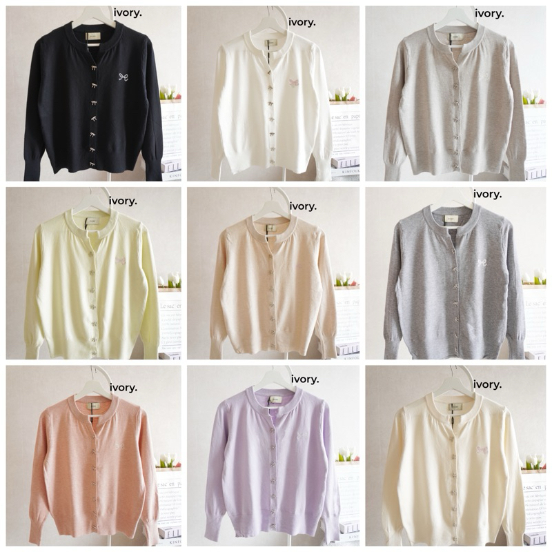 88-IVORY เสื้อแขนยาวไหมพรมลูกคุณ แต่งโบว์ 3 มิติ กระดุมมุก แขนระบาย สีสวยสดใส