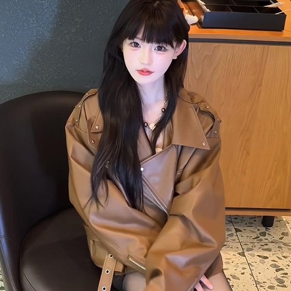 【xxavc825h0】Retro สีน้ำตาลรถจักรยานยนต์สวมแจ็คเก็ตหนัง PU ผู้หญิง 2024 ฤดูใบไม้ร่วงใหม่เสื้อด้านบน #1207