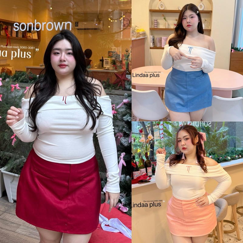 /LD/ ชุดเซ็ตสาวอวบ เสื้อปาดไหล่ปักโบว์ + กระโปรงเข้าสี #เสื้อผ้าไซส์ใหญ่ สาวอวบอ้วน พลัสไซส์