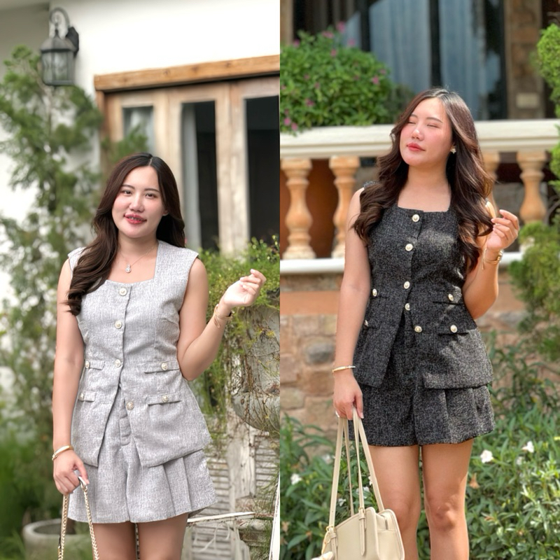 Paris Set ชุดเซตทวิตขาสั้นคอเหลี่ยมแขนกุดAN272