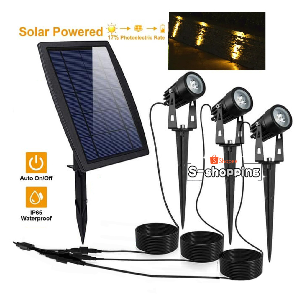 HF-SD03 Warm light โคมไฟ 3 ตัว Solar Spotlights 3000K โคมไฟปักสนามโซล่าเซลล์
