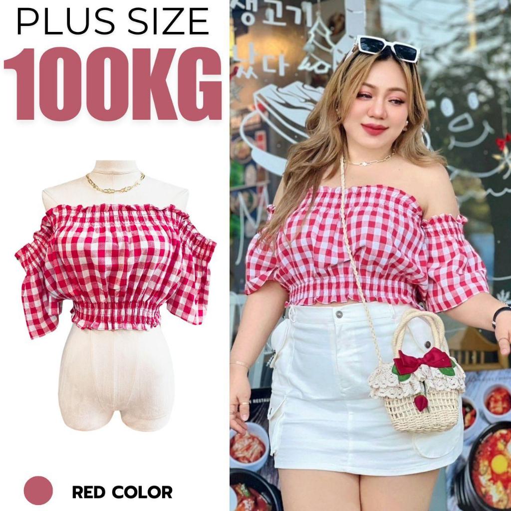 Plus size เสื้อแดงลายสก็อตเปิดไหล่สม็อคเอวของสาวอวบ เเฟชั่นผู้หญิงอ้วน รุ่น ส.สก็อตตี้(F154)