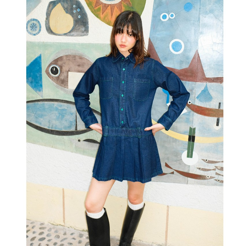 KANDA JEANS : Denim Darling Dress เดรสยีนส์เสื้อแขนยาว กระโปรงพลีท