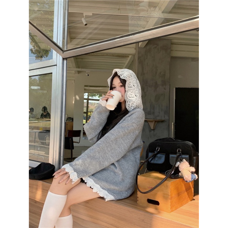 พร้อมส่ง Lace Sweater เสื้อกันหนาวผู้หญิงแฟชั่น ไหมพรมงานสไตล์เกาหลี ตัวเสื้อเนื้อผ้านุ่มตกแต่งลูกไม้น่ารักมาก