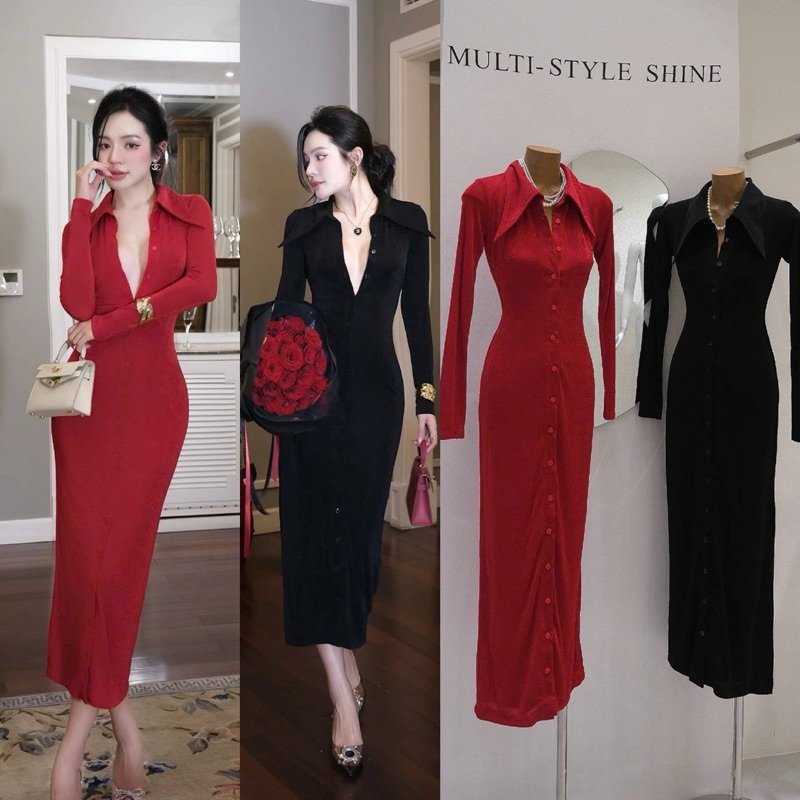 TBB : เดรสยาวเรียบหรู คอปกแข็ง ผ้ายืดหนาเข้ารูปเซ็กซี่ดูแพง จากเวียดนามแท้⭐️