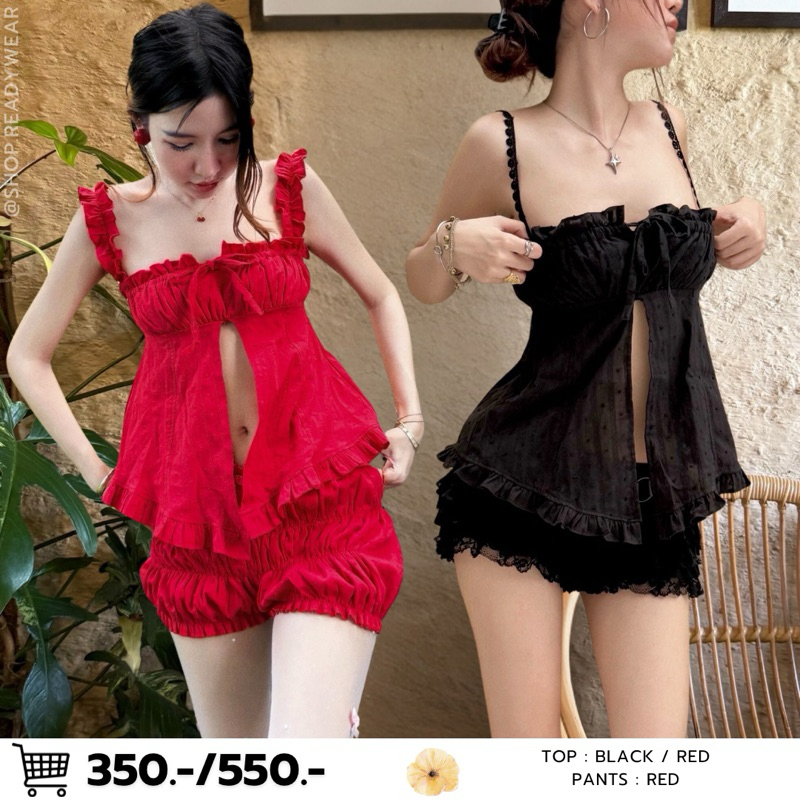 กางเกงแดงพร้อมส่ง SUWIMOL เสื้อ+กางเกง สายเดี่ยวอกระบาย ผูกโบว์ด้านหน้า น่ารักมาก