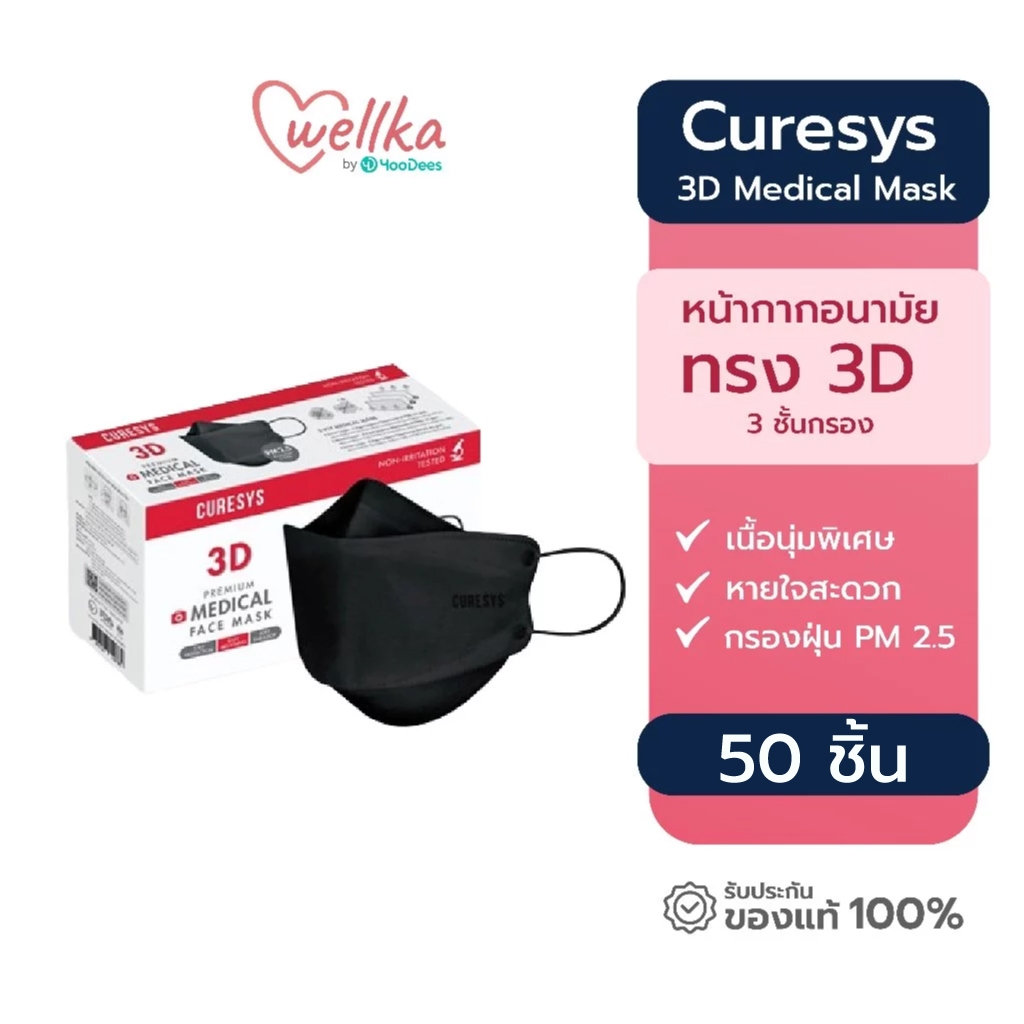 Curesys 3D Medical Mask เคียวร์ซิส หน้ากากอนามัยทางการแพทย์ ทรง 3D สีดำ 50ชิ้น/กล่อง