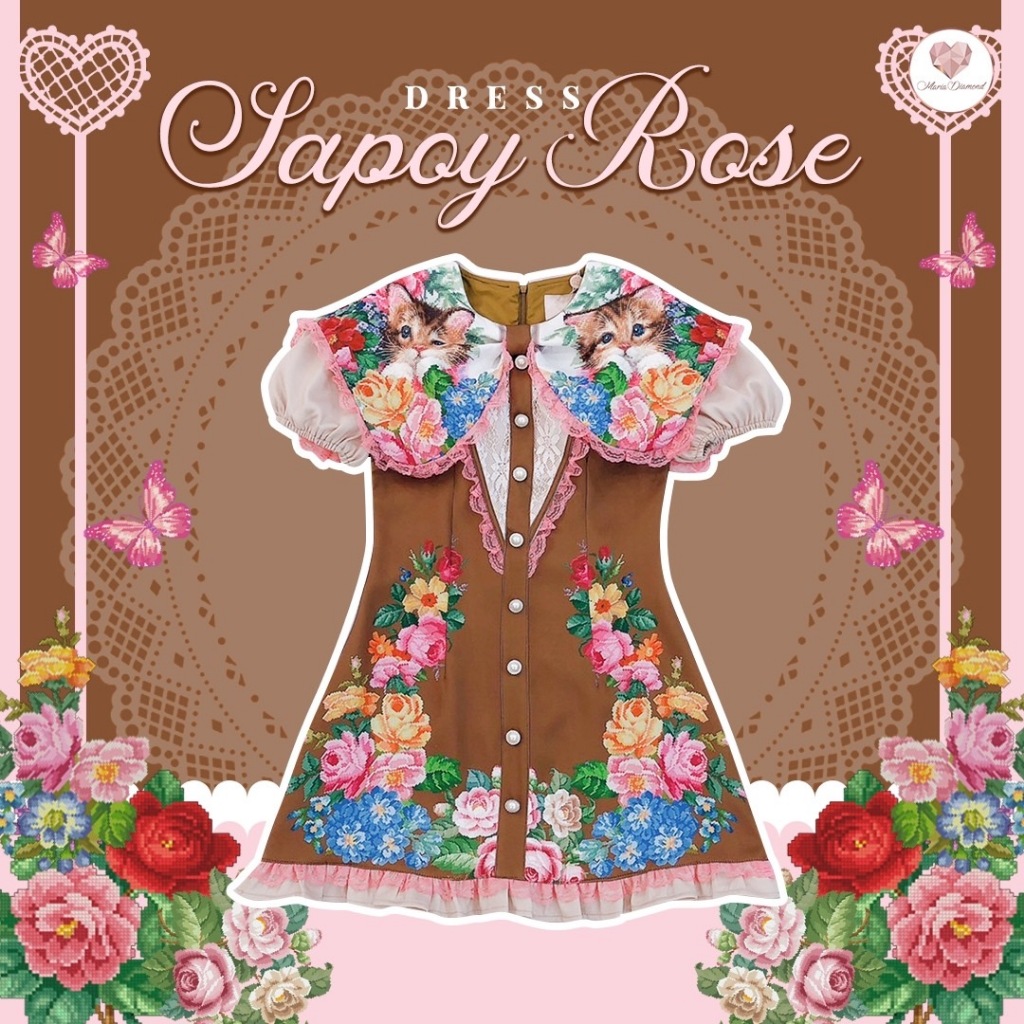 (มี2XL) Sapoy Rose Dress เดรสวินเทจผ้าเปเป้พิมพ์ลาย ปกวินเทจ แขนสั้นปลายสม็อค ดีเทลกระดุม ซิปหลัง