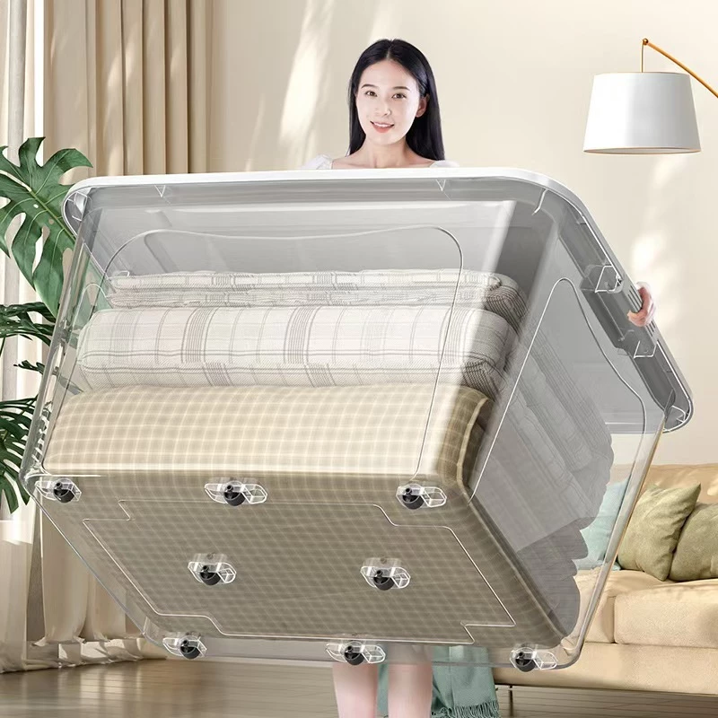 Kaman กล่องเก็บของ กล่องพลาสติก 60/80/100/300 ลิตร มีล้อ สีโปร่งใส ใช้เก็บของ เก็บเสื้อผ้า แบบอเนกประสงค์