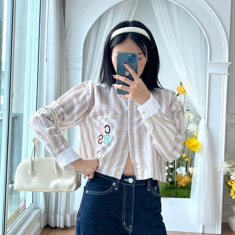 เสื้อครอปเชิ้ตแขนยาวผ้าลายริ้ว งานปักกระเป๋า ผ้าคอตตอนเนื้อสวย ผ้านิ่มมากๆ / J2-5 // COOK-CB