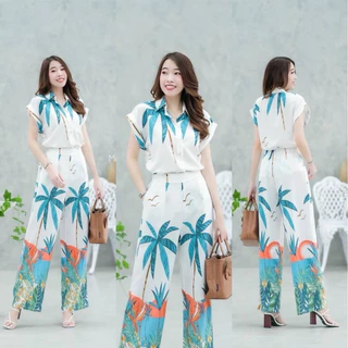 🌴เซ็ท 2 ชิ้น ลายมะพร้าว เสื้อเชิ้ตกระดุมหน้าแขนเบิ้ล + กางเกงขายาว
