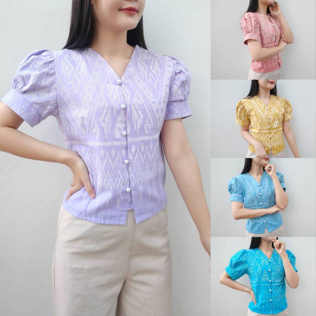 เสื้อพื้นเมือง คอวี แขนตุ๊กตา พิมพ์ลายลิซ่า