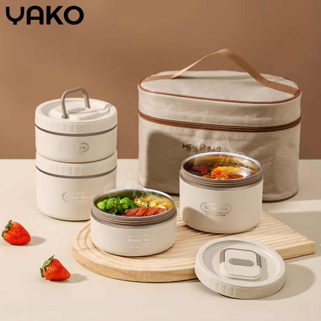 YAKO กล่องข้าว 2/3/4 ชั้น กล่องข้าวเข้าไมโครเวฟได้ กล่องข้าวเก็บความร้อน กล่องข้าวสแตนเลส กระปุกข้าวห่อพร้อมกระเป๋า