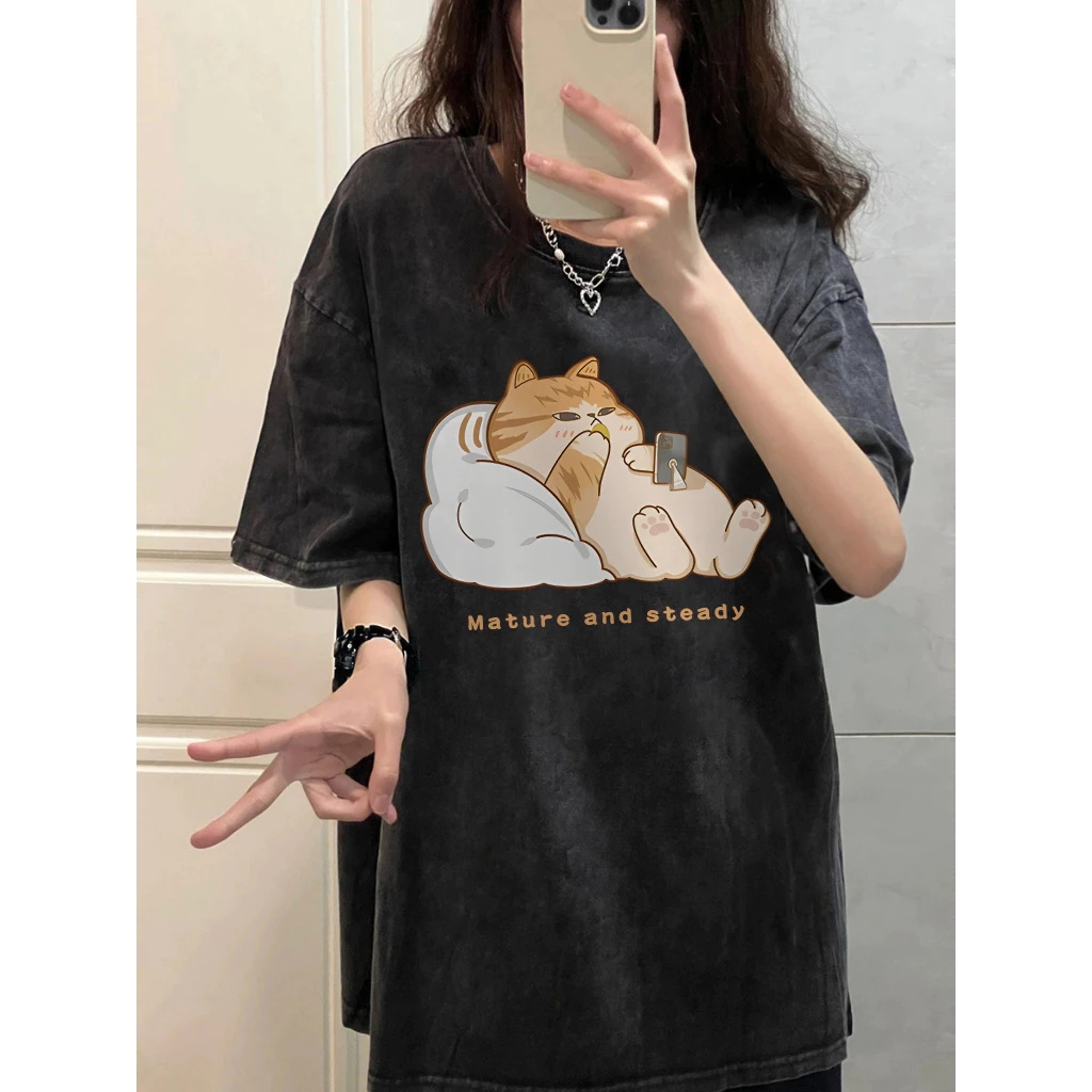 Top.street เสื้อยืด cute cat ลายการ์ตูนน่ารักหลวม ใส่สบาย ทรงหลวม แขนสั้น เสื้อสีฟอก t shirt ใส่ได้ทั้งชาย-หญิง แนวสตรีท
