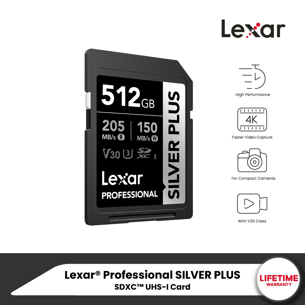 Lexar SILVER PLUS 512GB UHS-I U3 V30 SD Card (เอสดีการ์ด) Full-HD 3D 4K RW205/150MB/s (LSDSIPL512G-B