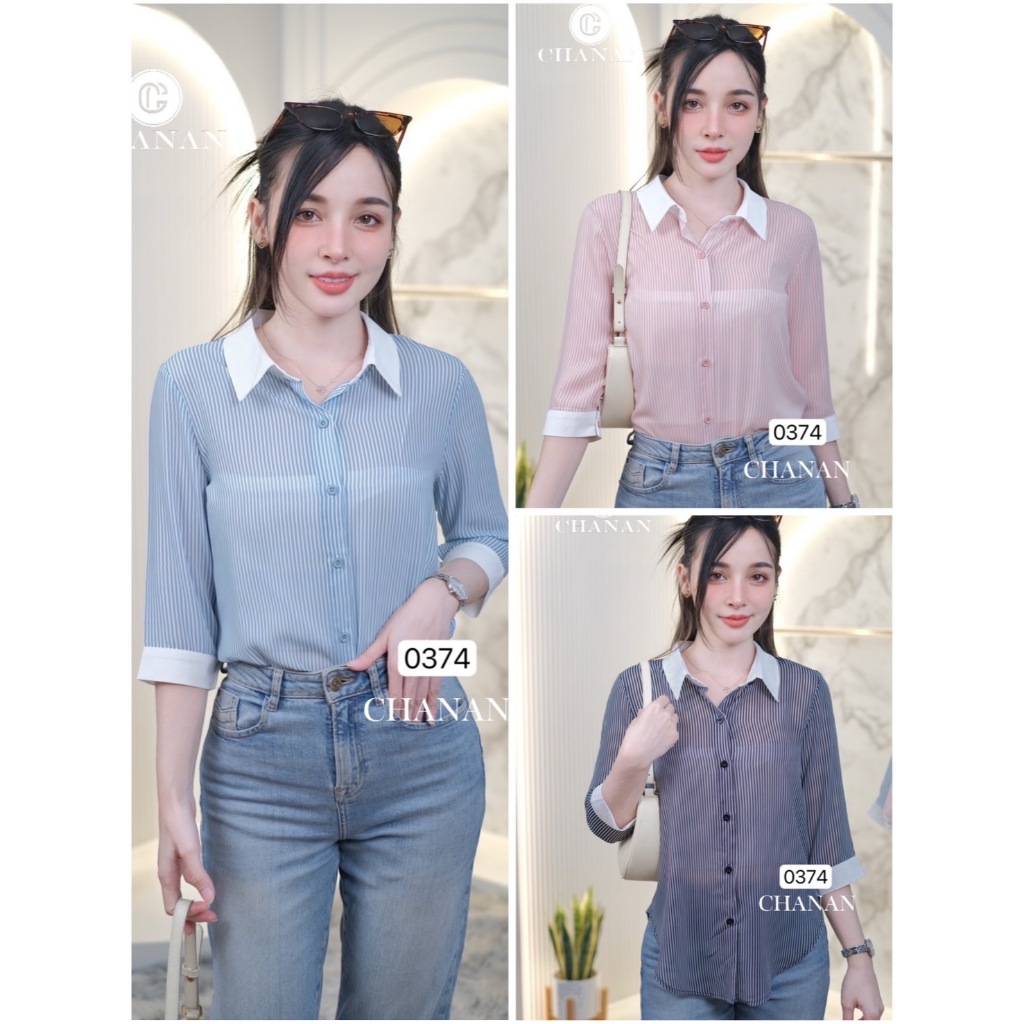 Chanan เสื้อชีฟองเกรดขึ้นห้าง เชิ้ตคอปก พิมพ์ลายทาง แต่งคอปลายแขนสีขาว เสื้อผู้ใหญ่ ใส่ทำงาน สาวออฟฟิศ มี3สี รุ่น0374