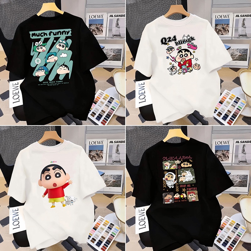 เสื้อยืดคอกลม เสื้อยืดทรงหลวม แขนสั้น ขาว ดีไซน์คลาสสิค ใหญ่ ลายการ์ตูนเครยอนชินจัง ผ้าเกรดดีคอตตอนนิ่มมากสบาย