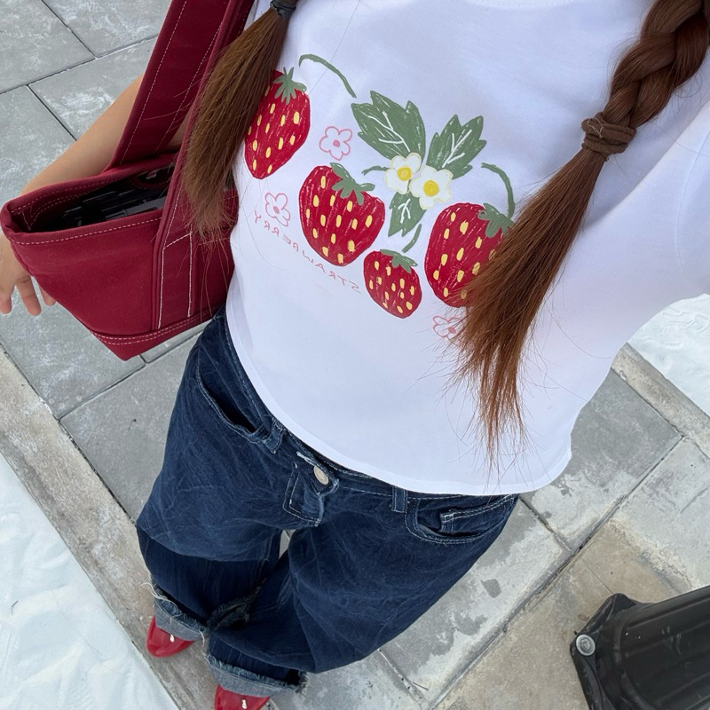 (NEW‼️) Kalamel เสื้อยืดผู้หญิง baby tee ลาย Strawberry - รูปที่ 4