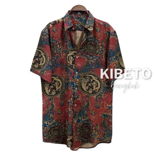 Kibeto เสื้อฮาวาย ลายวินเทจมังกร สีแดงตุ่น ผ้าสปันเรยอน เนื้…