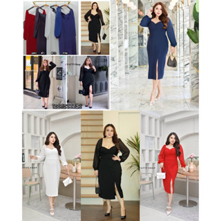 เดรสไฮโซสาวอวบ แต่งแขนชีฟอง ดีเทลผ้าหน้า เรียบหรู ดูแพง ใส่ส…