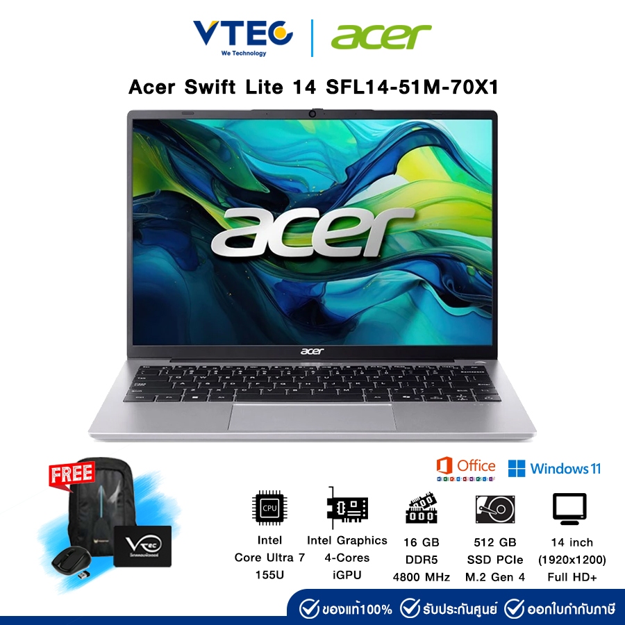 Acer Swift Lite 14 SFL14-51M-70X1 | Intel Core Ultra 7 155U | 14" WUXGA | 16GB DDR5 | 512GB M.2 | Wi