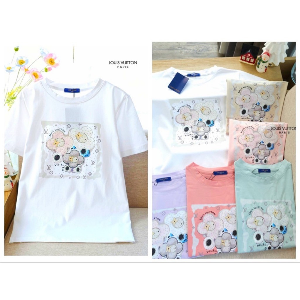ป้าย LOUIS เสื้อผ้าคอตตอนยืดพิมพ์ลายดอกไม้รีดเพชร อก 42 นิ้ว ยาว 25 นิ้ว
