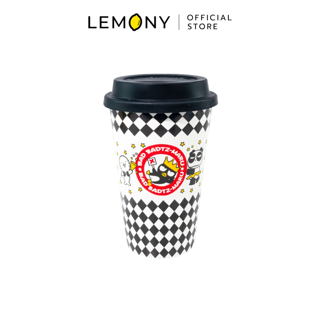 LEMONY Sanrio Bad badtz-Maru Tall glass with silicone lid, 450 ml. แก้วทรงสูงซิลิโคนพร้อมฝาปิดขนาด 450 มล.