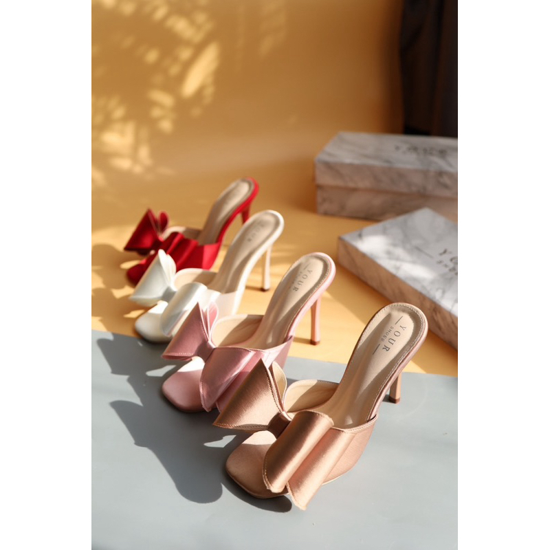 YOURSHOES B90 / รองเท้าส้นสูง 4 นิ้ว รองเท้าส้นสูงผ้าซาตินแต่งโบว์หน้า รองเท้าออกงาน