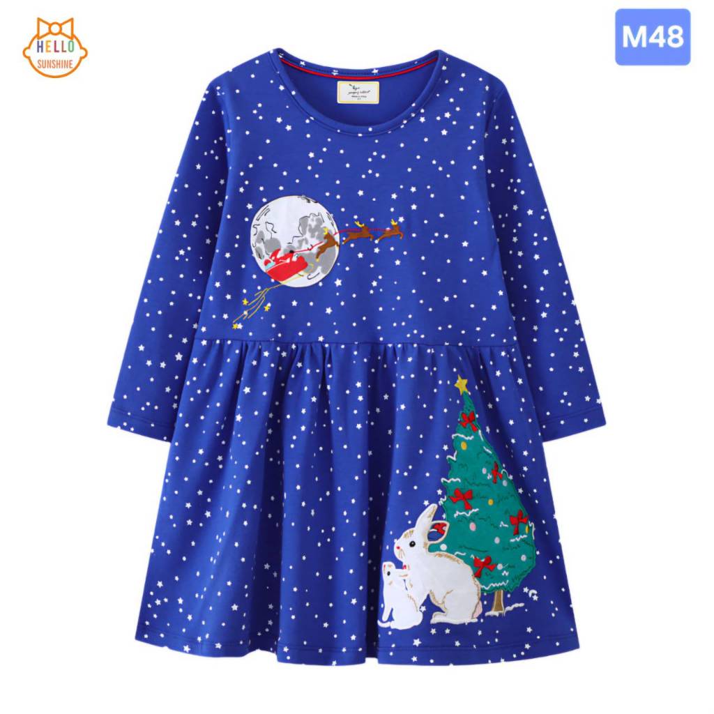 🌲พร้อมส่งจากไทย🐇  เดรสแขนยาวสีน้ำเงิน ปักลายกระต่ายคริสมาส