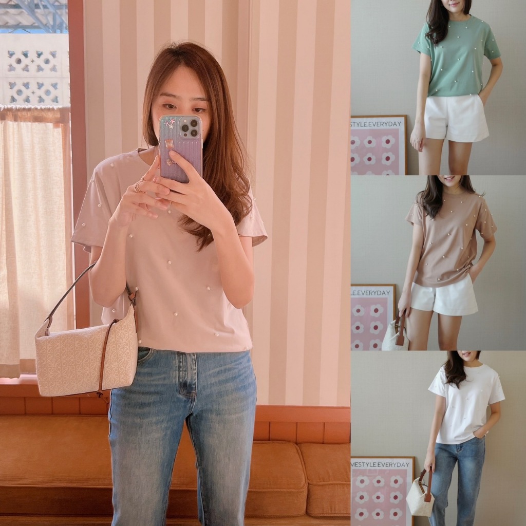 Regent tee top 450 เสื้อยืดเนื้อเกาหลีเนื้อใส่สบายทอสวย ประดับตอกมุกอย่างดีด้านหน้าตัวเสื้อ