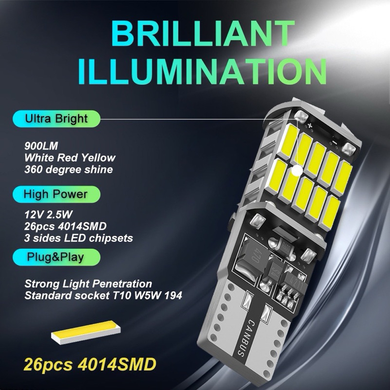 หลอดไฟ T10 LED W5W LED 194 168 W5W CANBUS 26SMD LED 4014 2.5W 0.2A ไม่มีขั้วต่อ สําหรับจอดรถยนต์ 1 ช