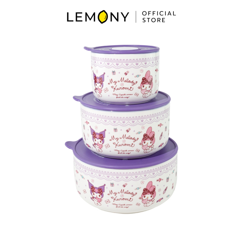 LEMONY Sanrio My Melody & Kuromi Set of 3 bowls with vacuum silicone lids ชุดชามพร้อมฝาซิลิโคน 3 ชิ้น