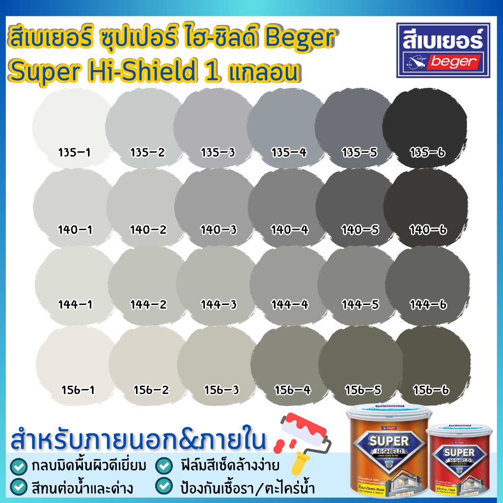 สีทาบ้าน สีเบเยอร์ Beger Super Hi-Shield ชนิดกึ่งเงา/ด้าน ภายนอกและภายใน 3.5 ลิตร เกรด 5-7ปี+ #โทนสีเทา/ควันบุหรี่ ราคา ถูกที่สุด ดีลบีเคเค