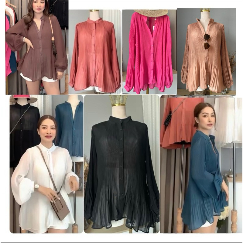 เสื้อเชิ๊ตคอจีนอัดพลีท ผ้าซีทรูเบาๆ ใส่สบาย ไม่ต้องรีด