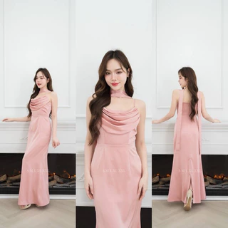 ชุดเดรส ชุดออกงาน ชุดราตรี F291 เดรสยาวสายเดี่ยว แต่งคอถ่วง แถมสายพาดคอ