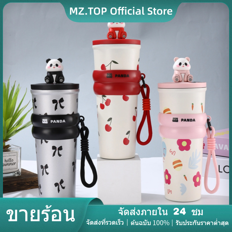 700ml การ์ตูน Panda แก้วน้ำสแตนเลส 316 เคลือบเซรามิก มีหลอดดูด พับเก็บได้ มีที่เก็บฝาหลอด