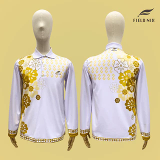 FIELDNIX เสื้อโปโลพิมพ์ลาย ลายขอขลิบทอง แขนยาว ผ้านุ่ม ใส่สบาย ไม่ต้องรีด